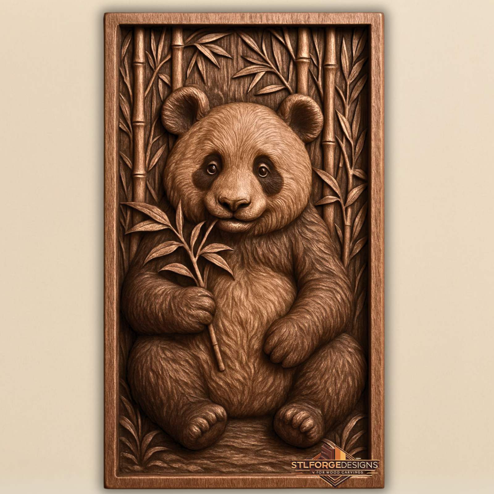 Panda bamboo STL CNC 3D relief — panda holding bamboo shoot in bamboo forest, detailed fur texture, wood carving model