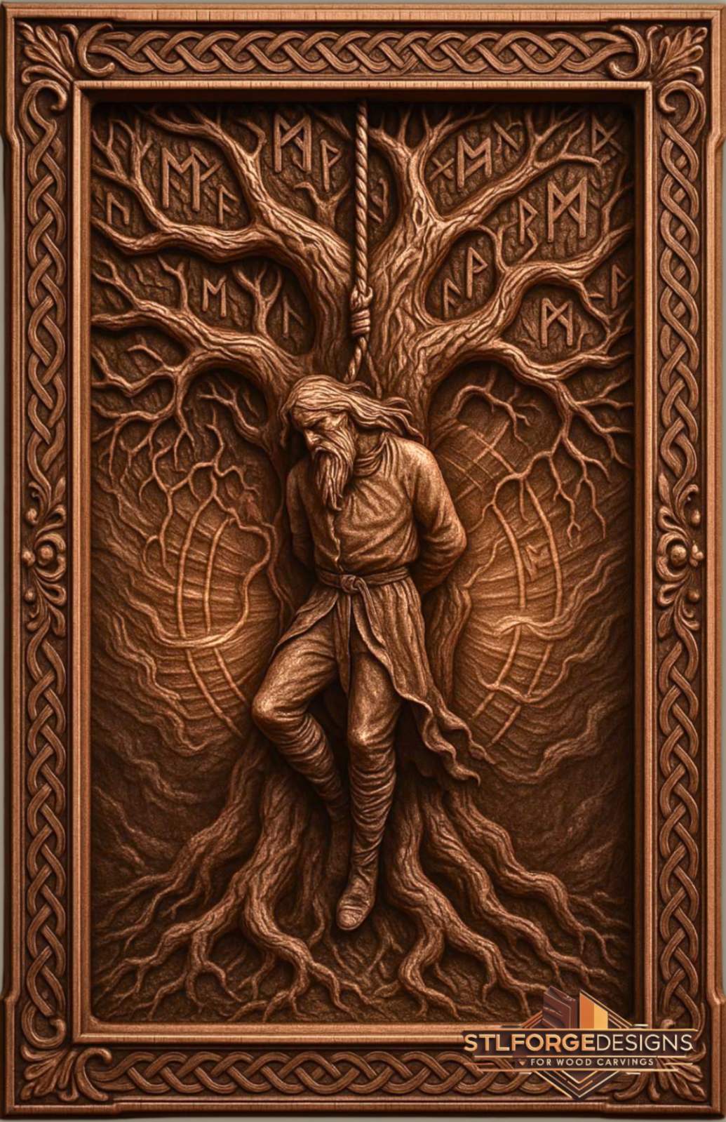 STL file Odin Yggdrasil self-sacrifice CNC — World Tree runes roots Celtic frame no armor CNC-ready for Aspire ArtCAM Fusion 360