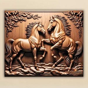 Horses branches leaves STL CNC wall panel — finished wood carving of two horses decorative branches leaves and rocks horizontal format, beech wood