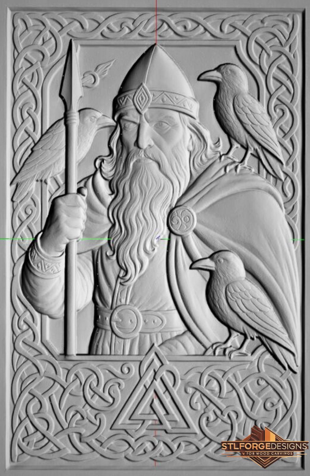 Odin with ravens STL CNC 3D relief with spear and Valknut symbol inside Celtic frame