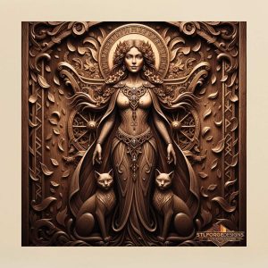 Freya runes chariot STL CNC 3D relief — Norse goddess with rune halo, two cats and chariot wheels, wood carving model