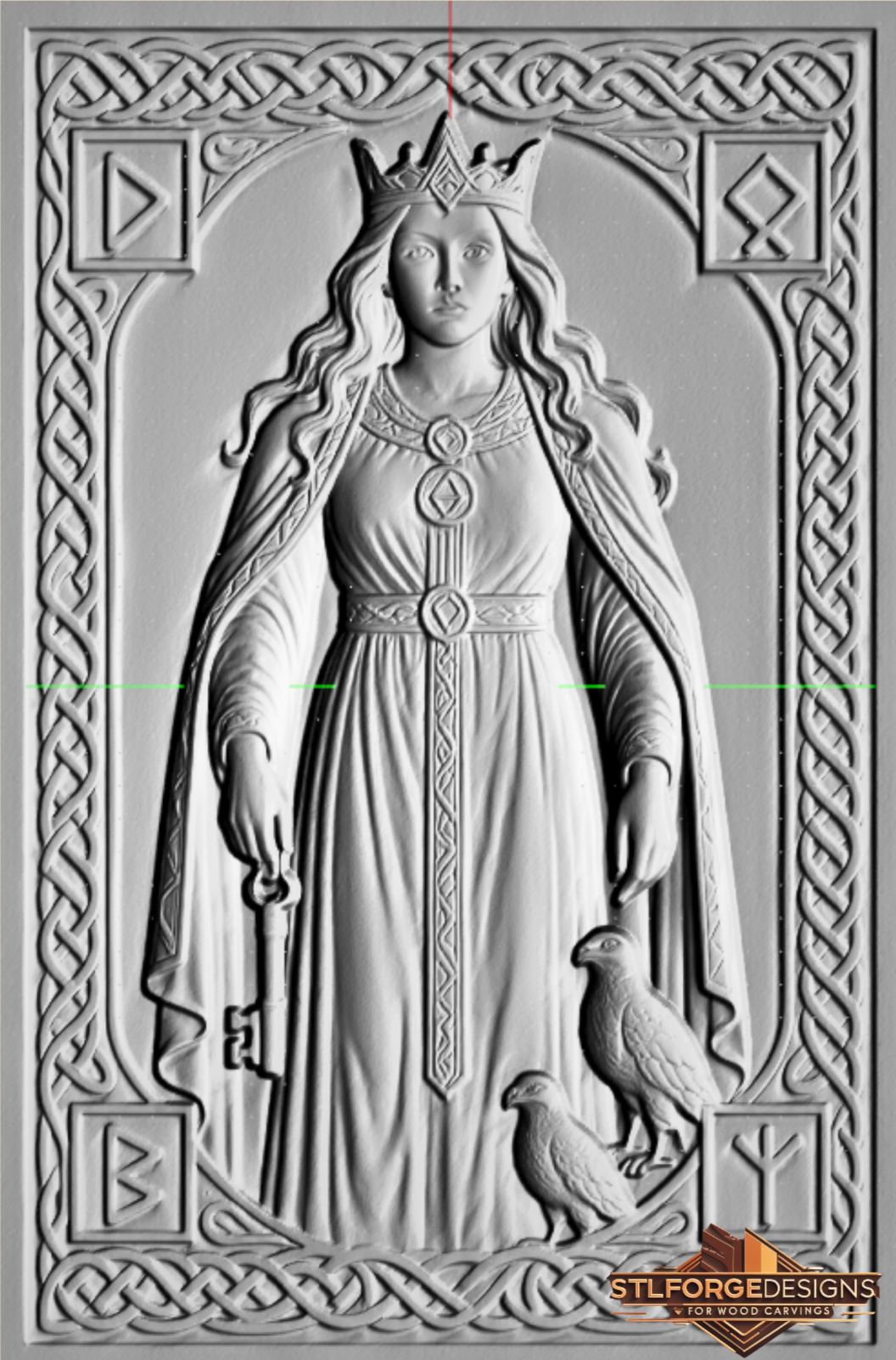 Frigg full figure falcon STL CNC 3D relief — Frigg full figure with crown key pointing down falcon at feet and four runes in corner medallions of Celtic frame, wood carving model