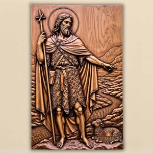 John the Baptist realistic STL CNC router 3D relief — Orthodox full figure icon John the Baptist realistic with pointing gesture cross camel hair lamb below and Jordan river no frame wood carving model