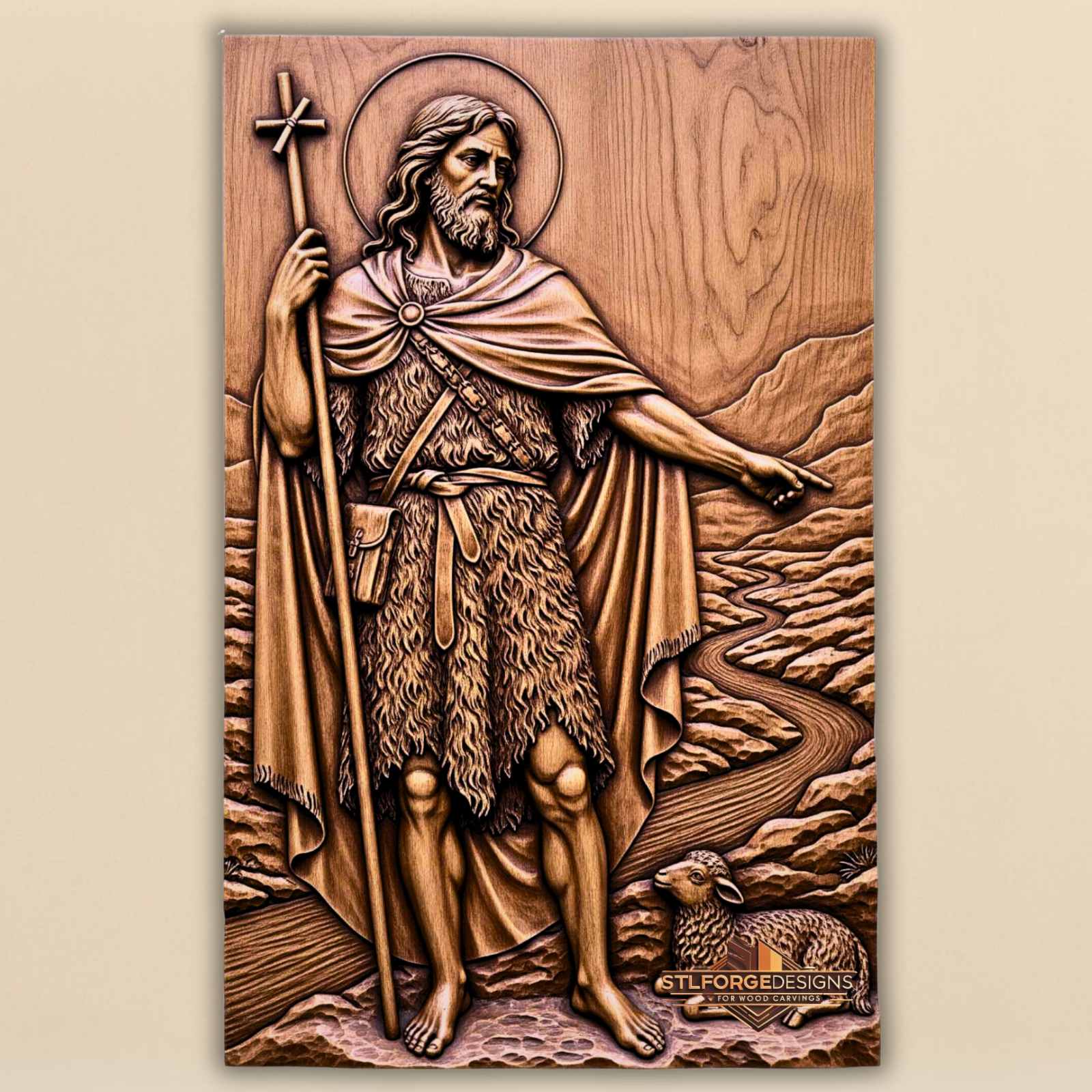 John the Baptist realistic STL CNC router 3D relief — Orthodox full figure icon John the Baptist realistic with pointing gesture cross camel hair lamb below and Jordan river no frame wood carving model