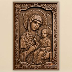 Virgin Mary icon STL CNC 3D relief — Orthodox icon Virgin Mary with Christ Child halos Greek inscriptions and ornamental frame with floral motifs, wood carving model