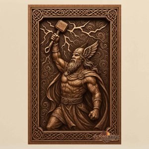 Thor bare chest vortex background STL CNC router 3D relief — Norse god Thor without armor bare muscular torso Mjolnir raised lightning Celtic vortex spiral background and Celtic knotwork frame wood carving model