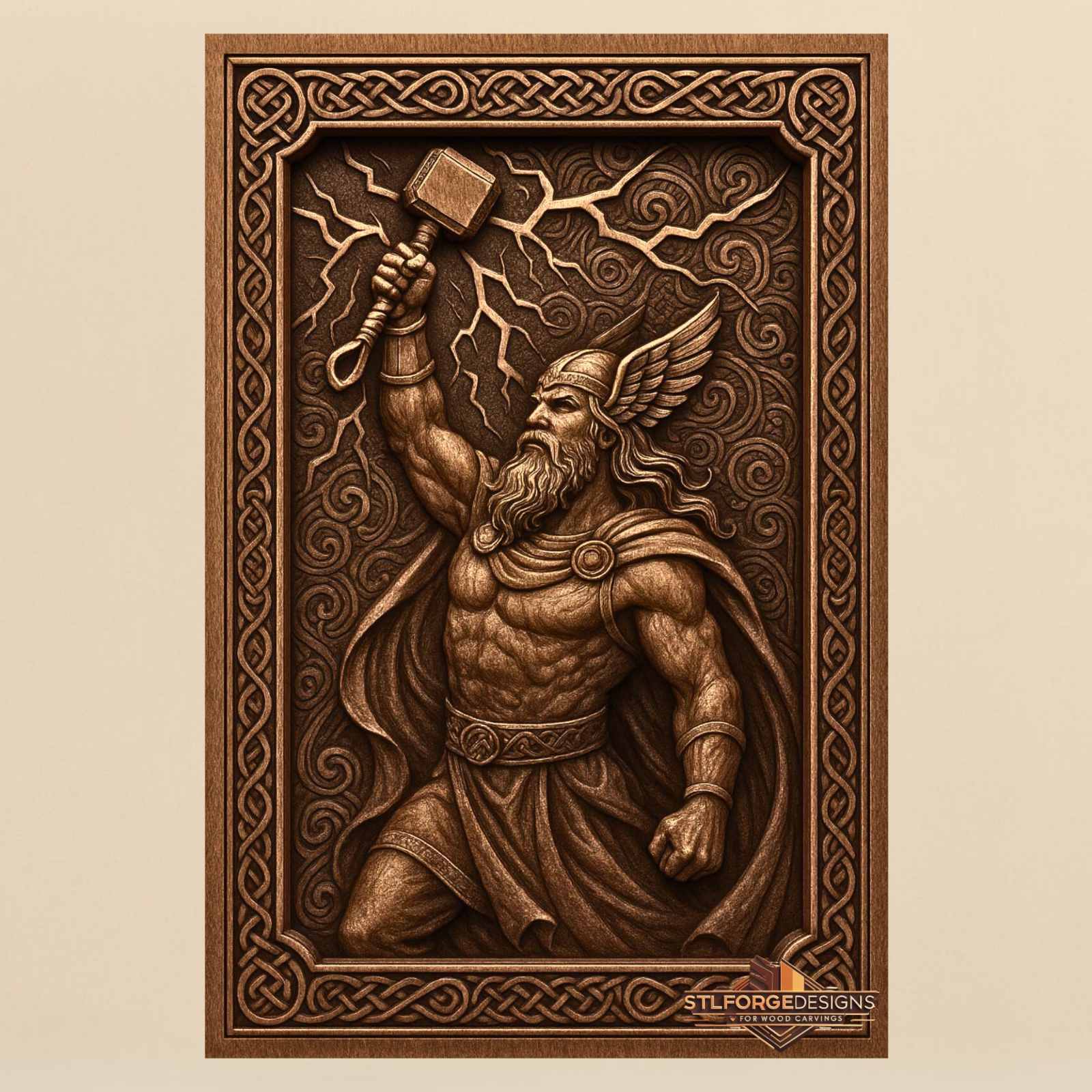 Thor bare chest vortex background STL CNC router 3D relief — Norse god Thor without armor bare muscular torso Mjolnir raised lightning Celtic vortex spiral background and Celtic knotwork frame wood carving model