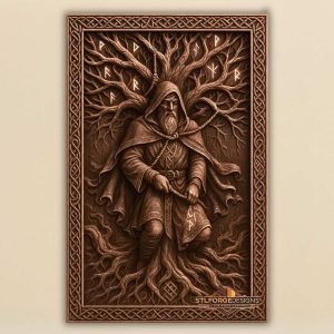 Odin shaman Yggdrasil runes STL CNC router 3D relief — Norse god Odin hooded hanging on World Tree glowing runes in branches Norse symbol in roots and Celtic knotwork frame wood carving model