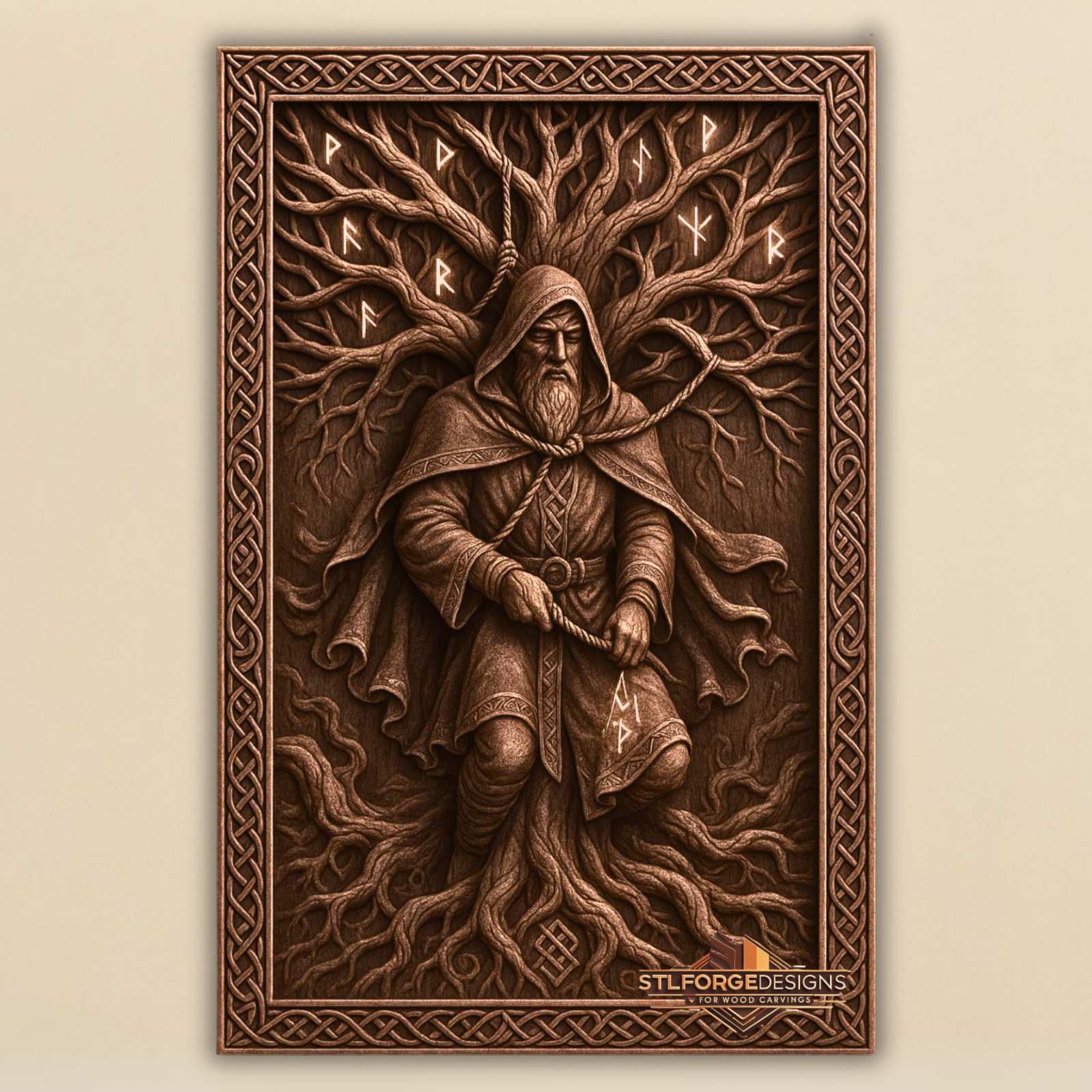 Odin shaman Yggdrasil runes STL CNC router 3D relief — Norse god Odin hooded hanging on World Tree glowing runes in branches Norse symbol in roots and Celtic knotwork frame wood carving model