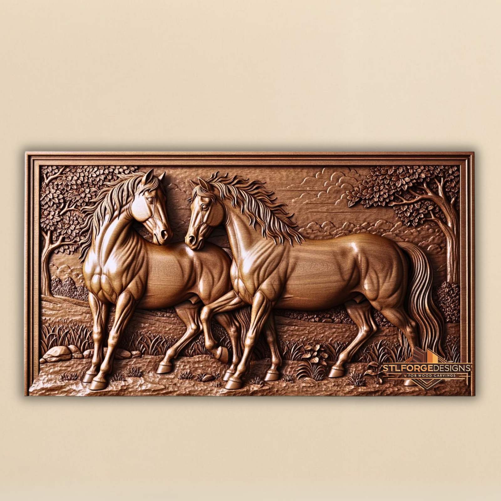 Horses landscape trees STL CNC wall panel — finished wood carving of two horses in landscape with trees and rocks horizontal format, beech wood