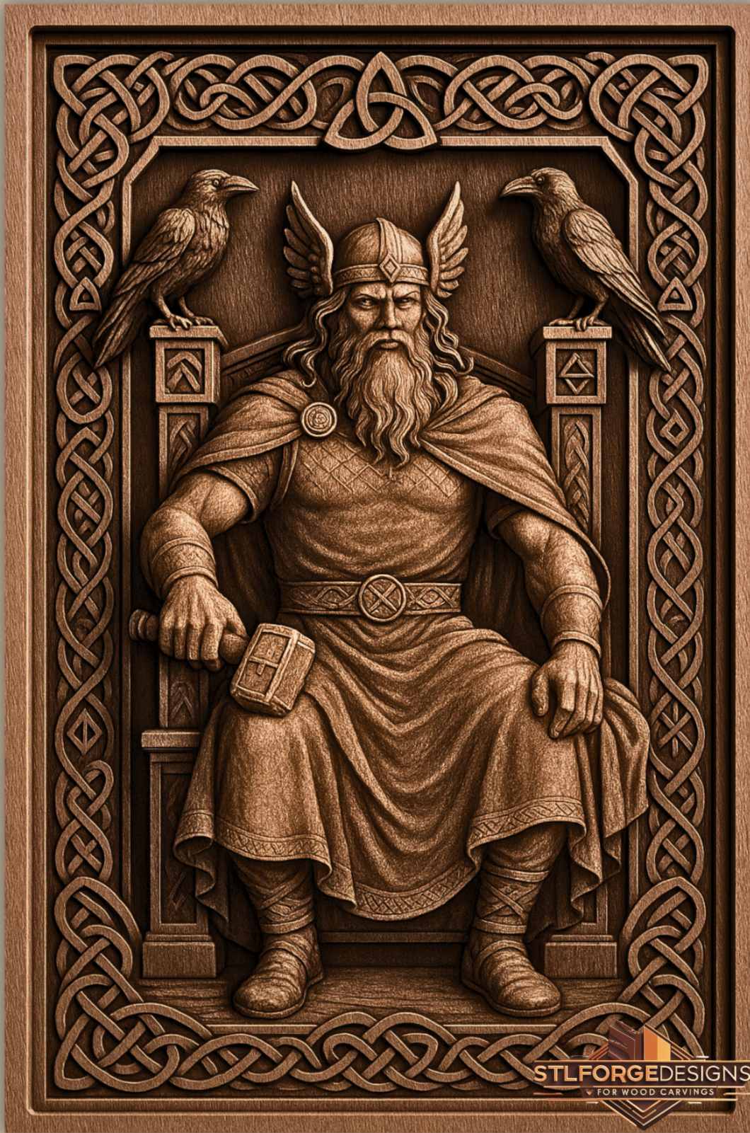Thor throne ravens STL CNC 3D relief — Thor seated on throne with two ravens on columns Mjolnir in hand Triquetra at top in rich Celtic knotwork frame, wood carving model