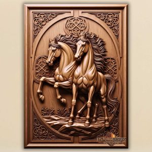Horses celtic frame STL CNC 3D relief — two horses in oval medallion with celtic knots flowers and ornaments in corners, wood carving model