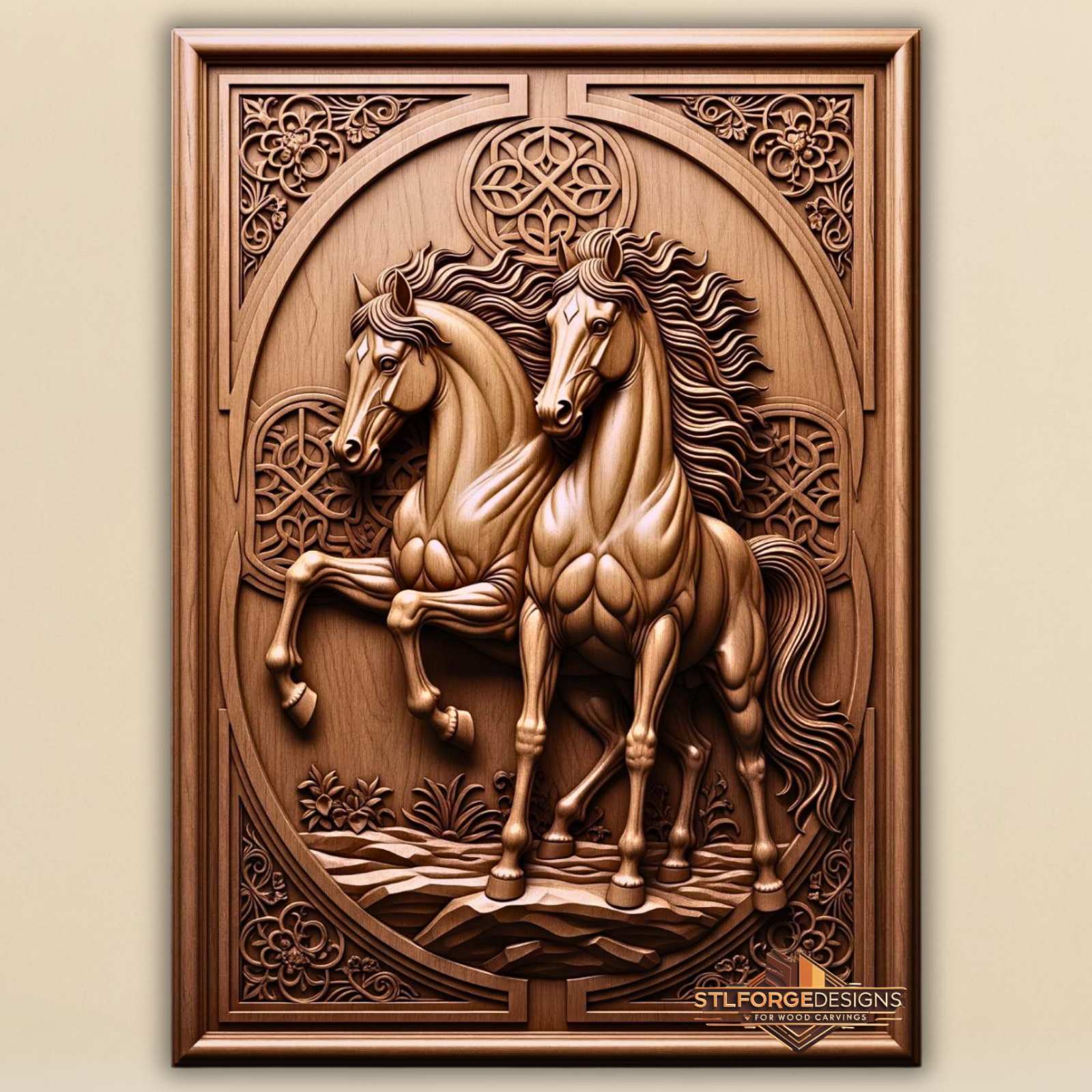 Horses celtic frame STL CNC 3D relief — two horses in oval medallion with celtic knots flowers and ornaments in corners, wood carving model