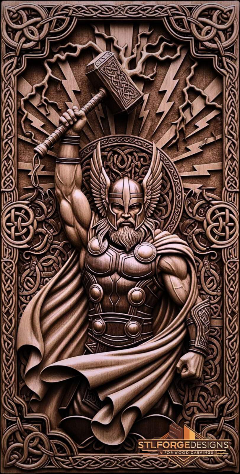 Thor guardian Celtic Mjolnir STL CNC router 3D relief — Norse god Thor in full armor with Celtic knotwork Mjolnir Celtic medallion halo behind head geometric lightning Celtic spiral background and frame wood carving model