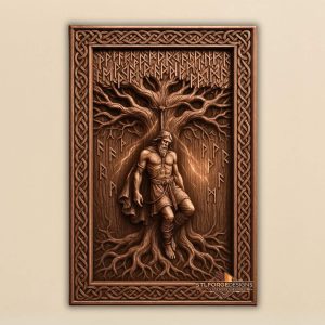 Един Слейпнир Фенрир огнени облаци STL CNC 3D релеф — Norse Един на Слейпнир с Гунгнир огнени облаци горе Фенрир долу вдясно разрушени сгради рунически бордери и Celtic рамка модел за дърворезба