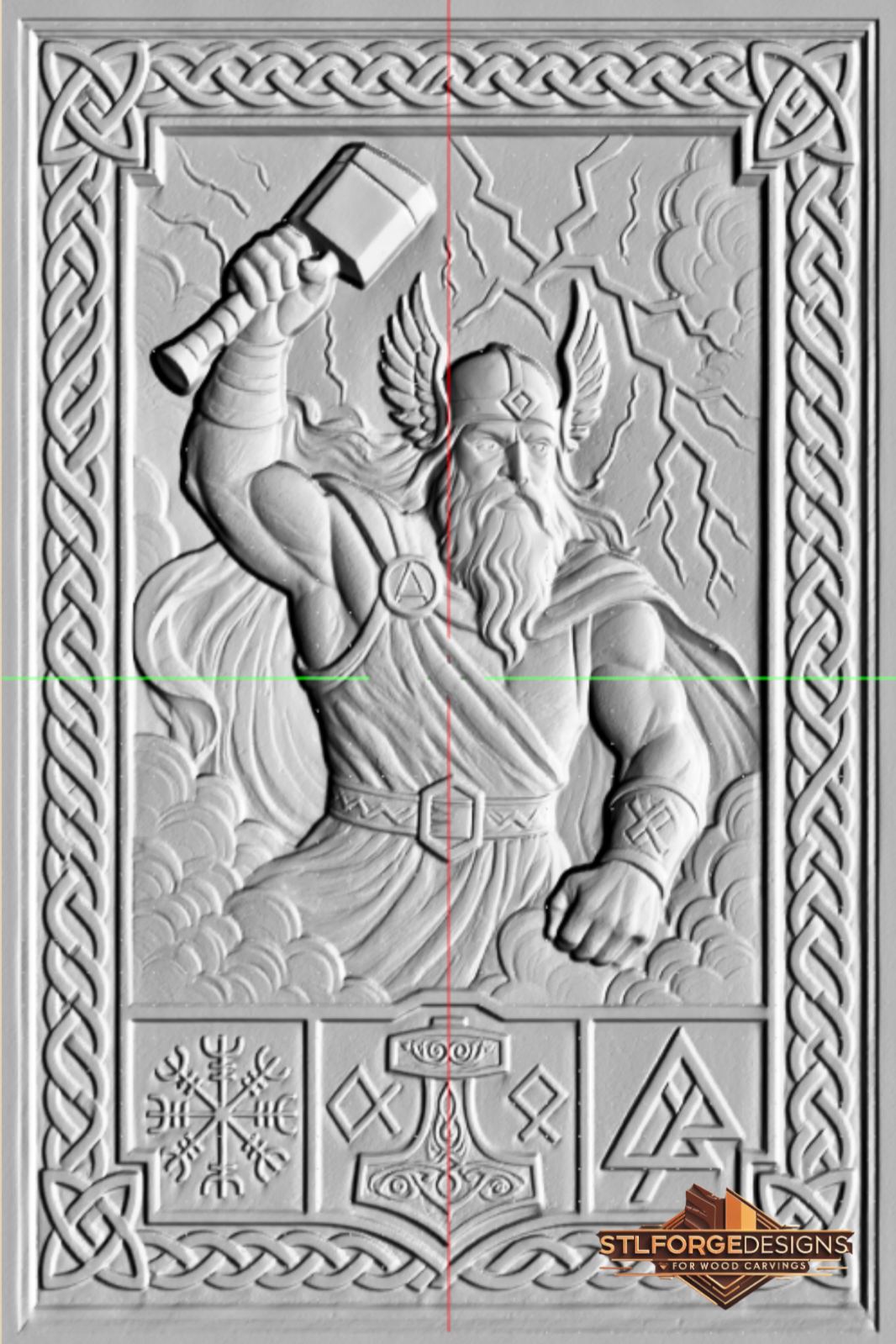 Thor Norse symbols STL file CNC router 3D relief — Thor with Mjolnir and lightning above lower section with Vegvisir Mjolnir and Valknut symbols in Celtic knotwork frame wood carving model