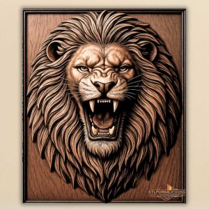 Roaring lion STL CNC 3D relief — lion portrait with open jaws full mane and teeth frontal view, wood carving model