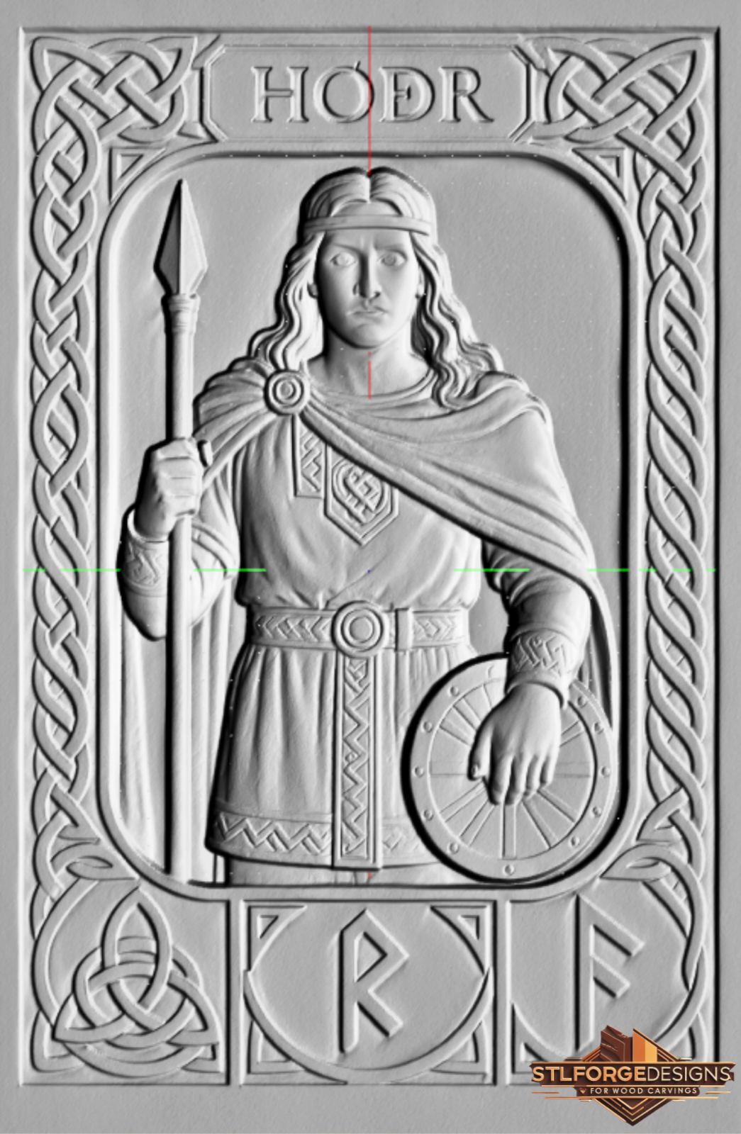 Hodr Norse god STL CNC router 3D relief — Norse god Hodr with spear shield Norse labyrinth ornament HÓÐR inscription top Triquetra and runes below in Celtic knotwork frame wood carving model