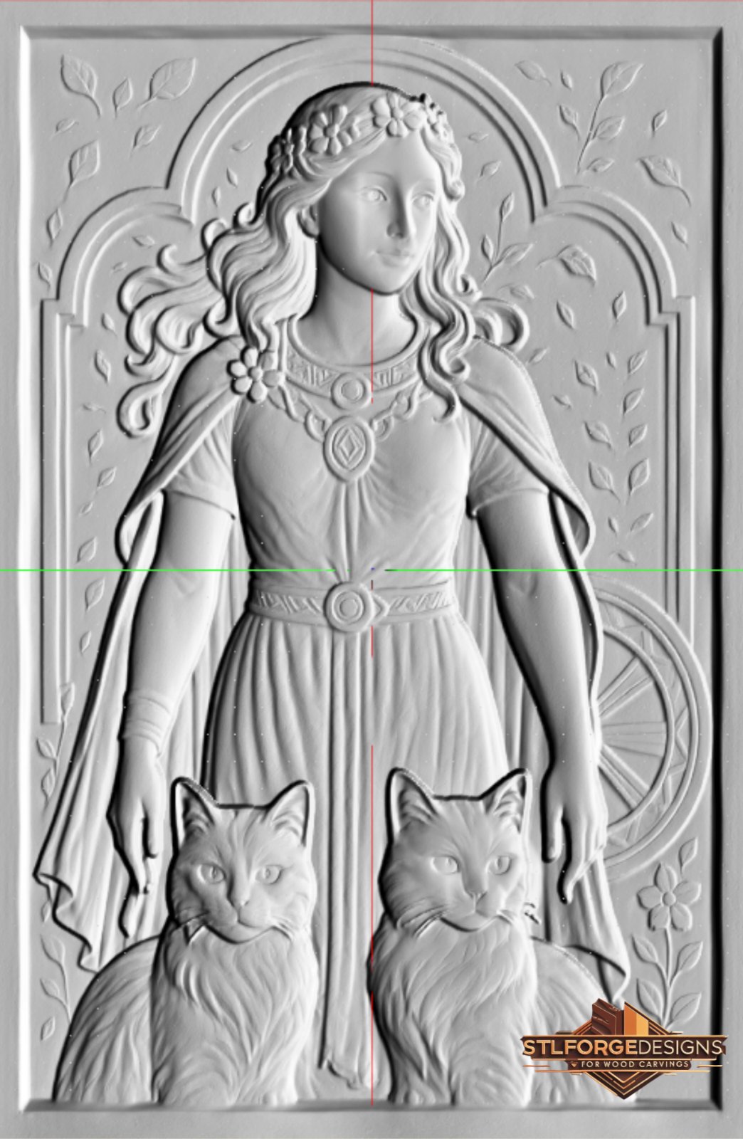 STL file Freya goddess cats CNC — floral background arch chariot wheel two cats CNC-ready for Aspire ArtCAM Fusion 360