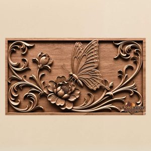 Butterfly flowers STL CNC 3D relief — butterfly on blooming flower with baroque ornaments and scrolls, horizontal composition, wood carving model