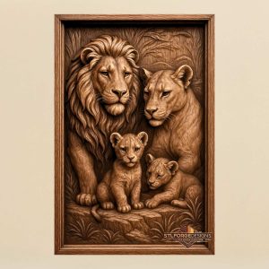 Lion lioness portrait STL CNC wall panel — finished wood carving of lion lioness and two cubs family portrait in frame, beech wood