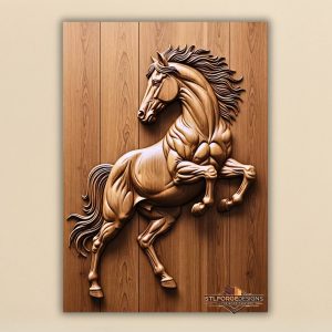 Galloping horse STL CNC wall panel — finished wood carving of galloping horse in dynamic pose no frame modern style, beech wood