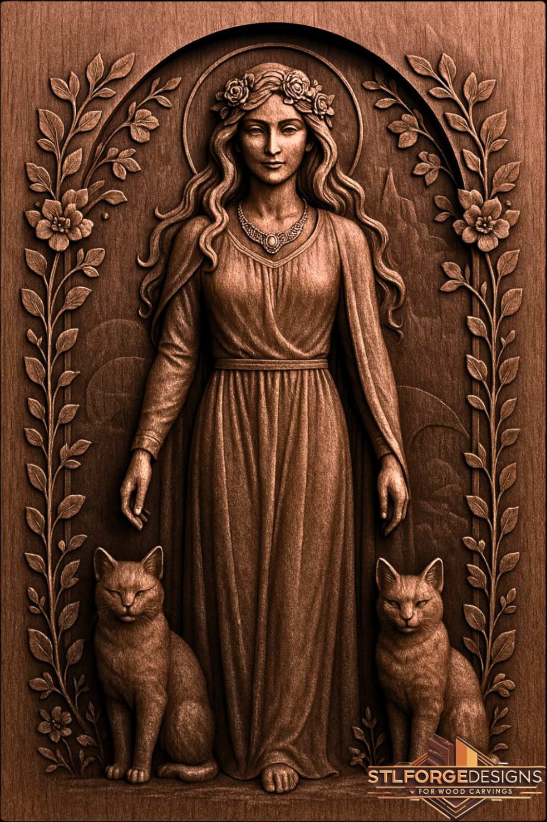 Freya STL file for CNC router — Scandinavian wall panel with goddess in arch and floral border