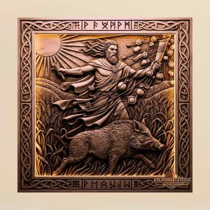 Freyr sun harvest STL CNC 3D relief — Norse god flying over Gullinbursti with fruits, wheat and runes, wood carving model