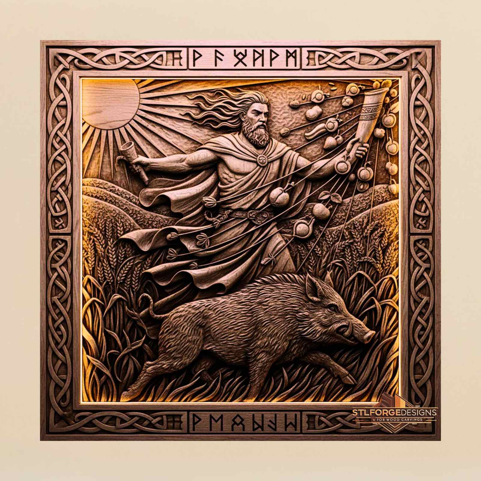 Freyr sun harvest STL CNC 3D relief — Norse god flying over Gullinbursti with fruits, wheat and runes, wood carving model