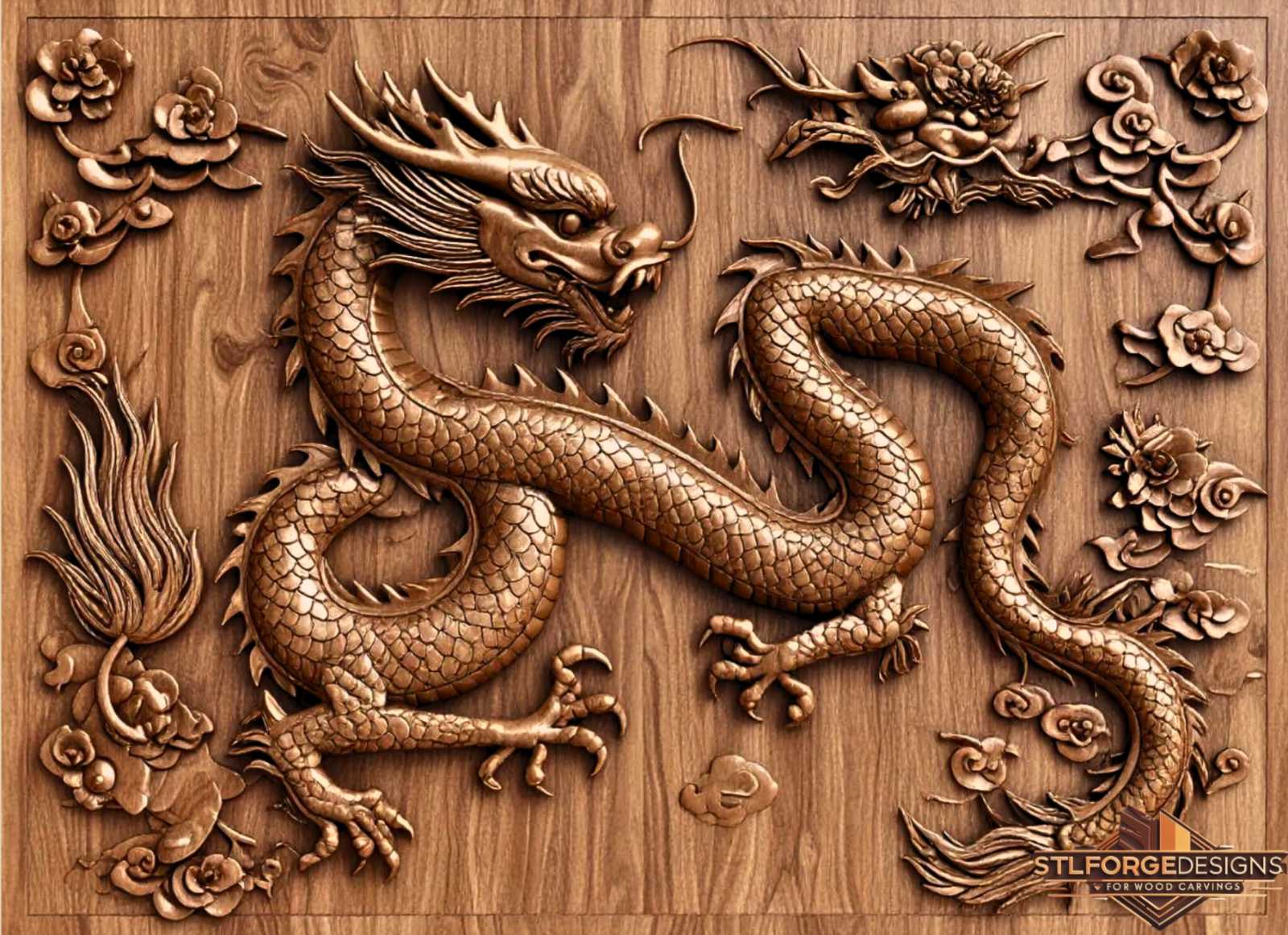 Dragon with Peonies STL File – 3D Relief CNC Wood Carving | Chinese Dragon Wall Panel - Image 3