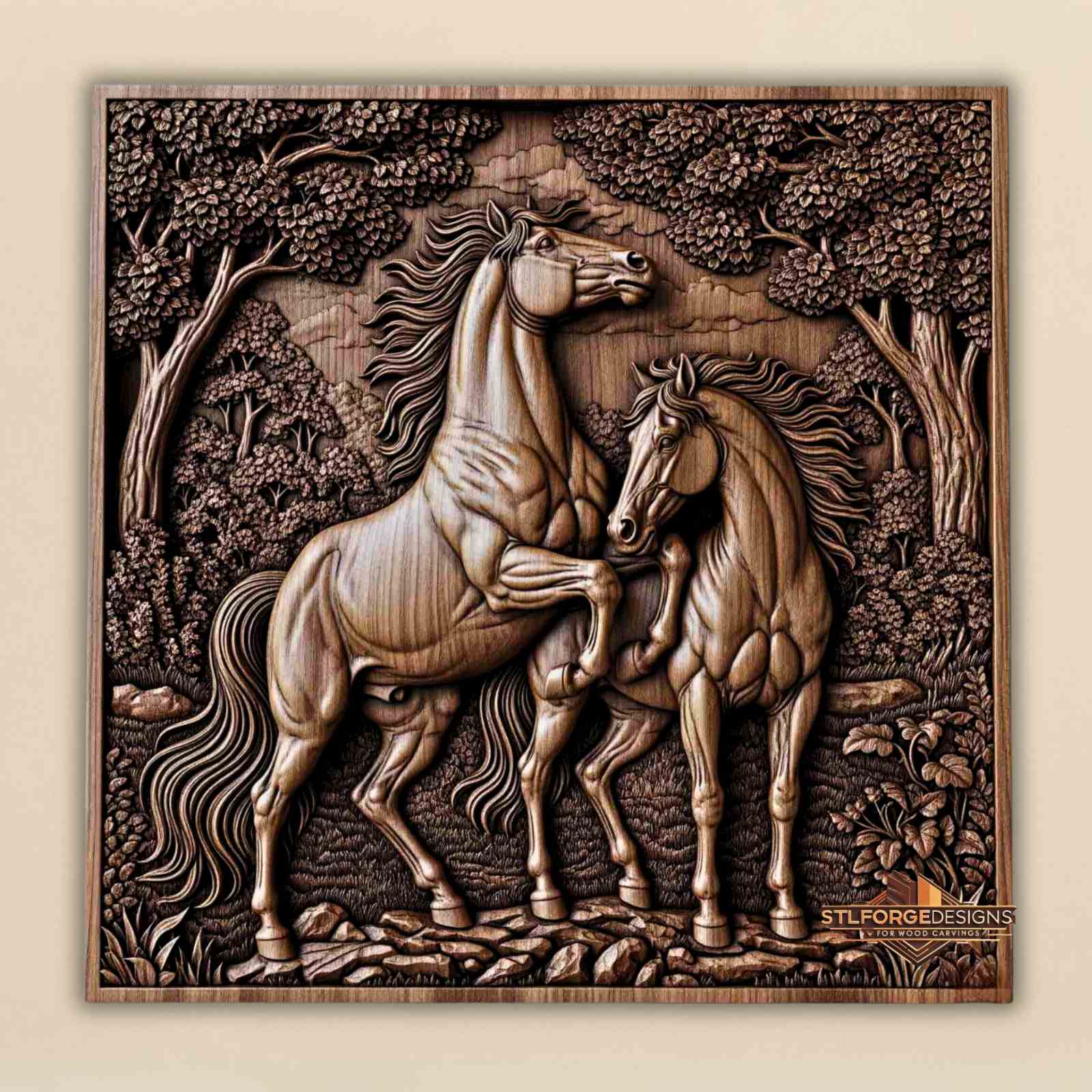 rearing horse forest scene cnc relief hind legs forest 3D relief