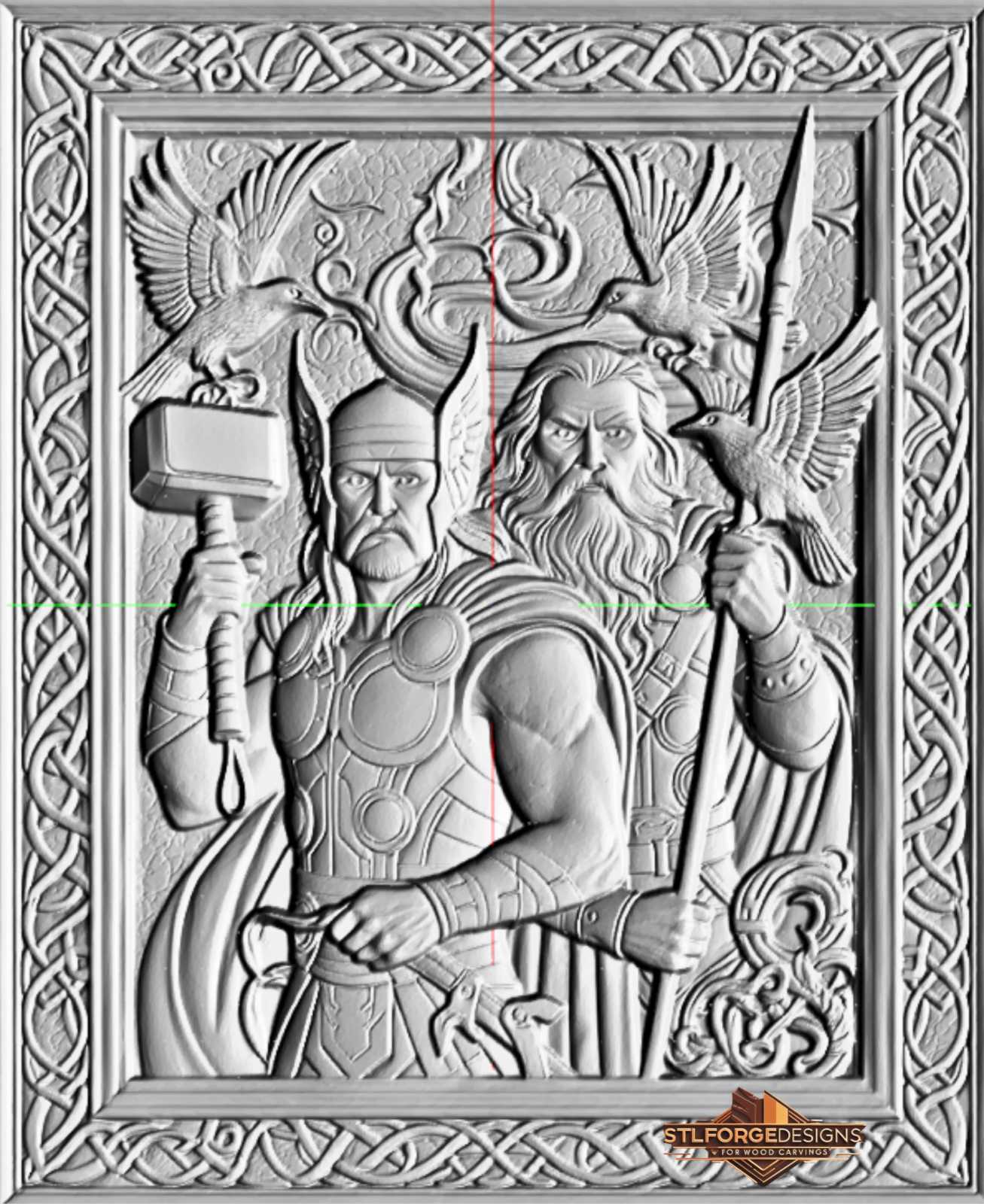 Thor Odin two ravens STL CNC router 3D relief — Norse Thor with Mjolnir and Odin with Gungnir two ravens Huginn and Muninn flying above Jormungandr ornament background Celtic knotwork frame wood carving model