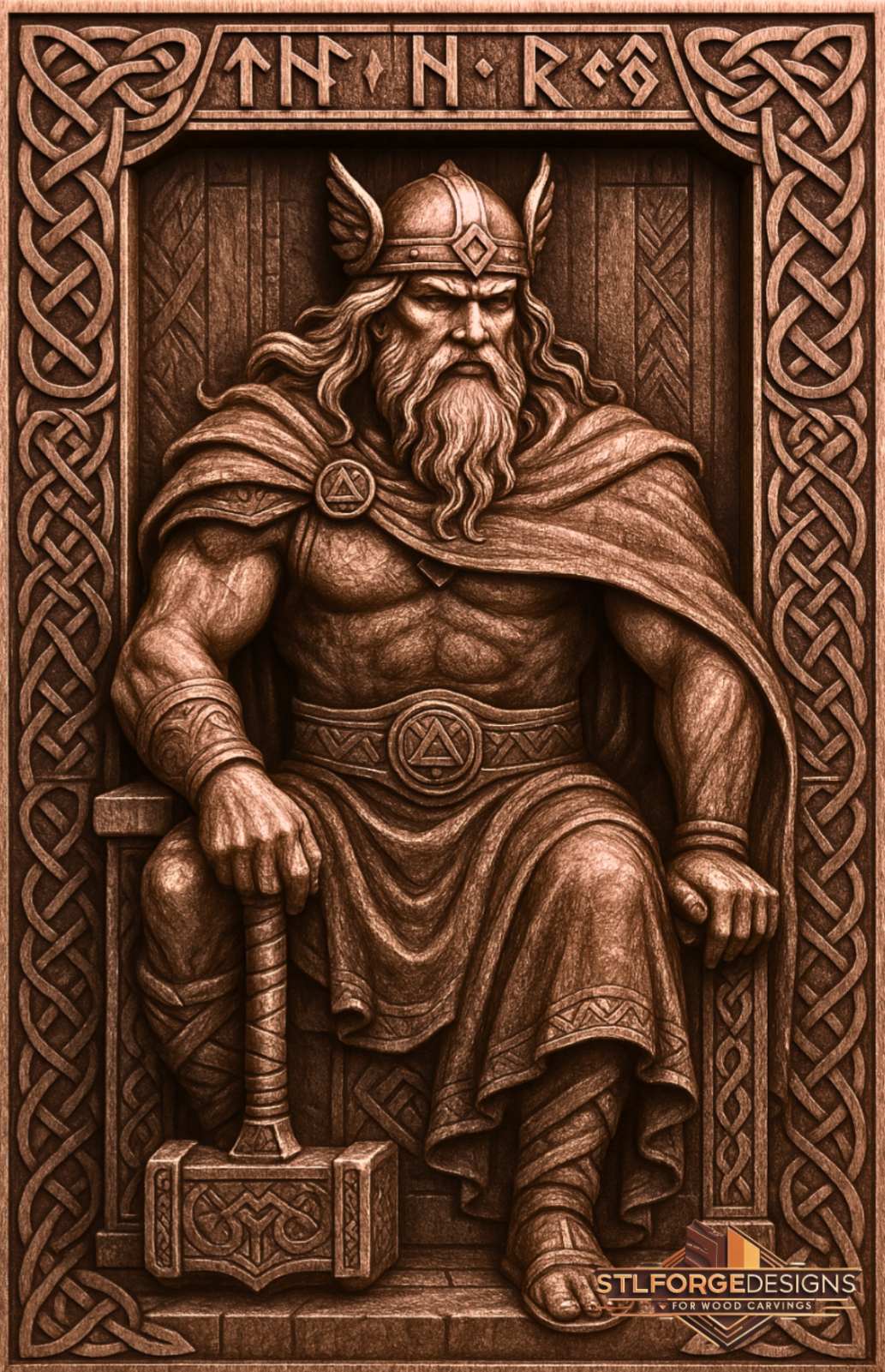 Thor seated throne STL file CNC router 3D relief — Norse god Thor on throne with Mjolnir winged helmet runic inscription top and Celtic knotwork frame wood carving model