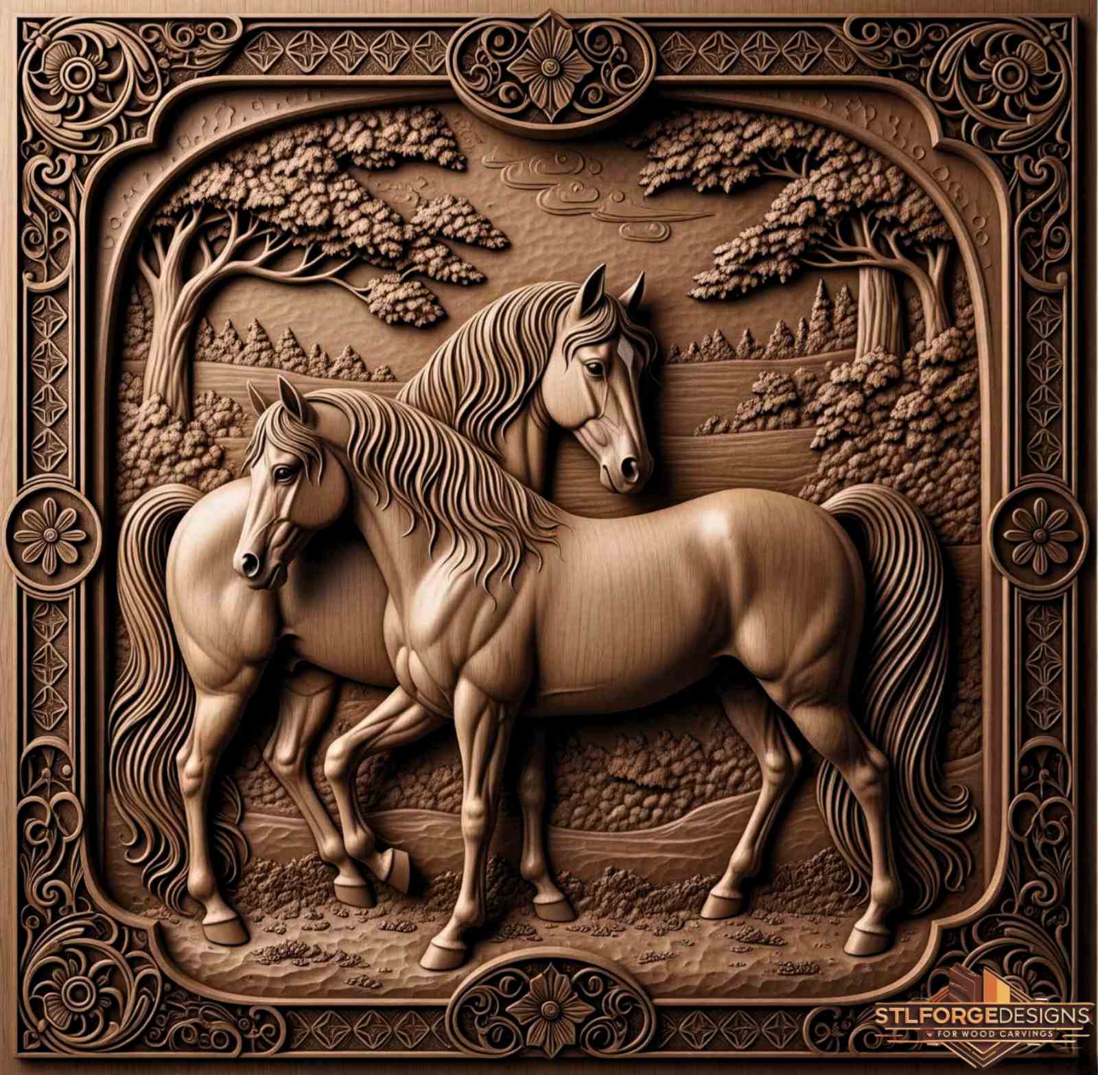 horses ornamental panel STL file CNC router wood carving woodwondersworkshop