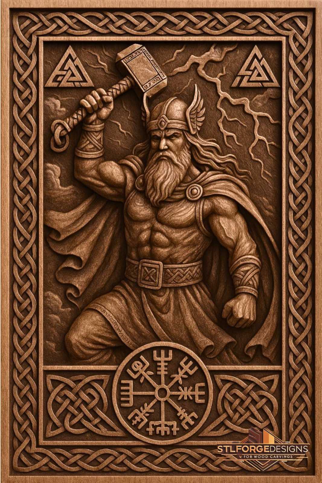 Thor Viking STL file CNC router 3D relief — Norse god Thor with Mjolnir hammer lightning valknut symbols vegvisir compass and Celtic knotwork frame wood carving model