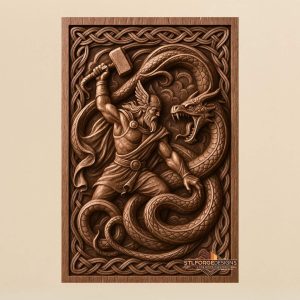 Thor Jormungandr vertical panel STL CNC router 3D relief — Norse Thor without armor with Mjolnir against dragon-like Jormungandr coiling around Thor's body Celtic knotwork frame wood carving model