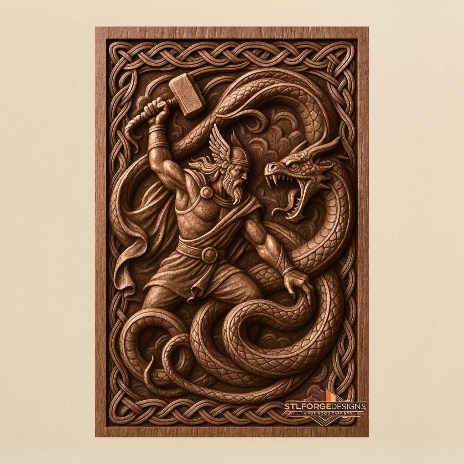 Thor Jormungandr vertical panel STL CNC router 3D relief — Norse Thor without armor with Mjolnir against dragon-like Jormungandr coiling around Thor's body Celtic knotwork frame wood carving model