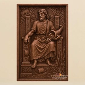 Njord throne STL CNC 3D relief — Norse god of the sea seated with cornucopia and Viking longships, wood carving model