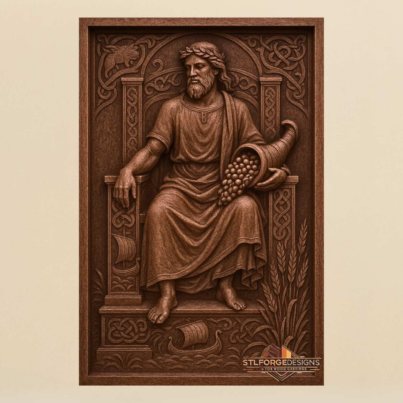 Njord throne STL CNC 3D relief — Norse god of the sea seated with cornucopia and Viking longships, wood carving model