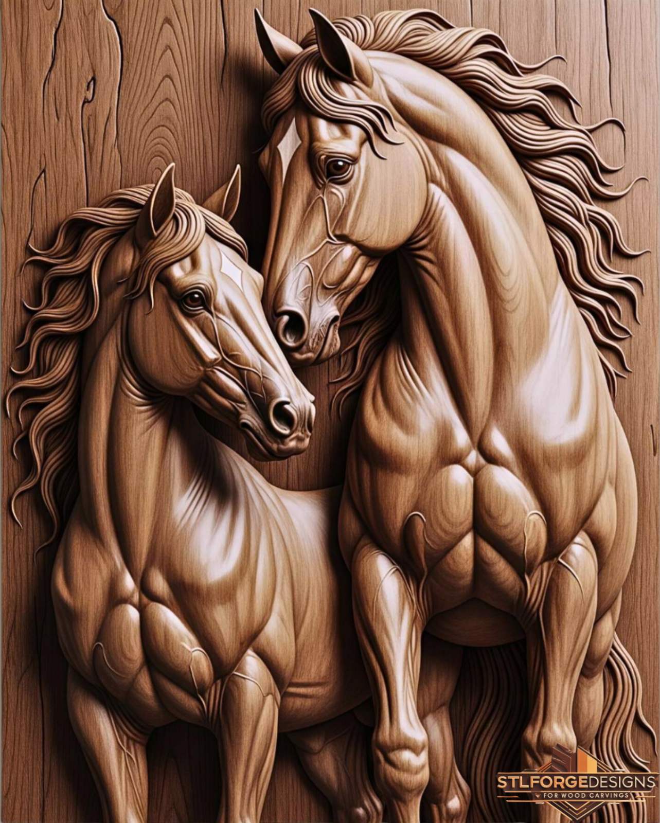 Horses nuzzling intimate STL CNC wall panel — finished wood carving of two horses nuzzling in intimate pose no frame, beech wood