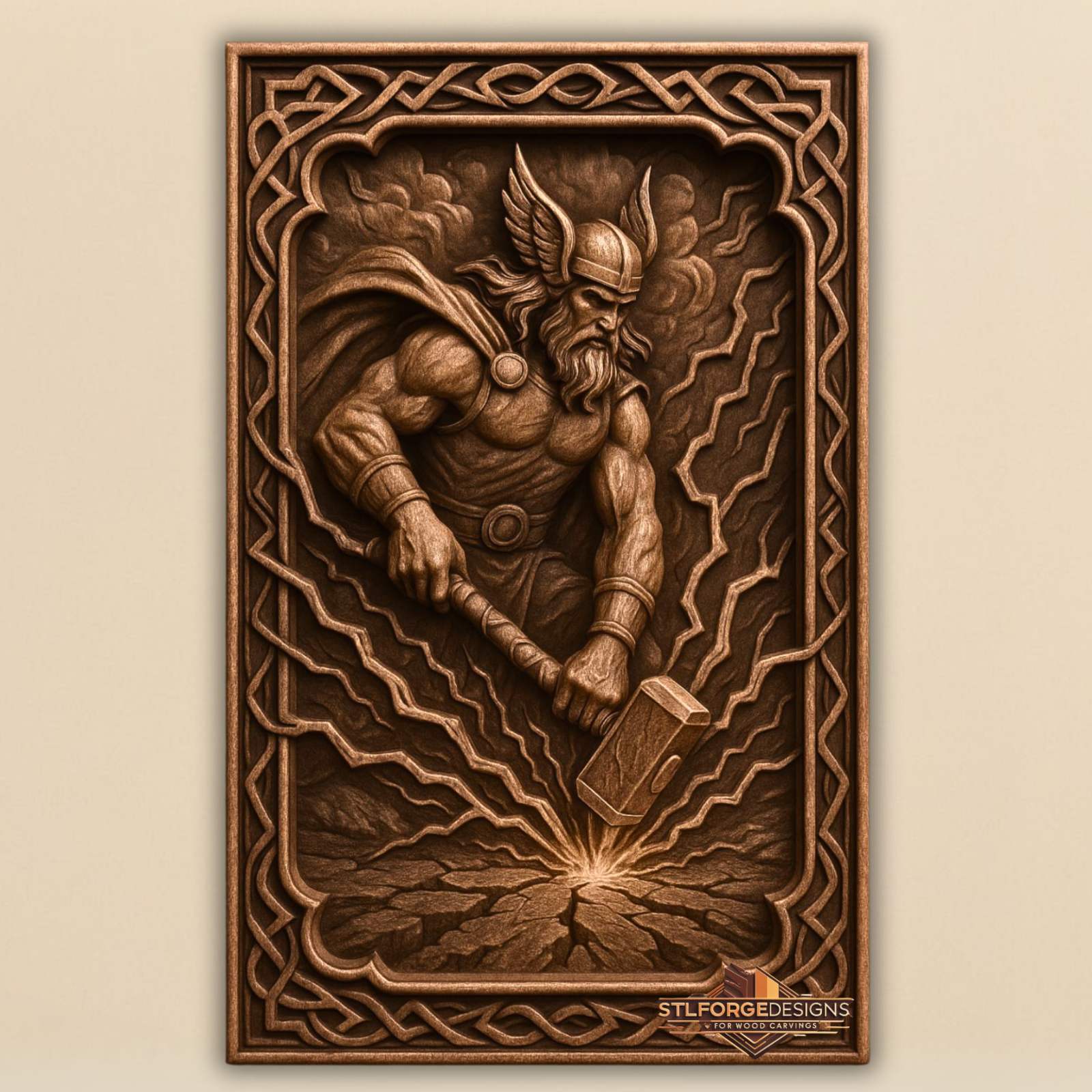 Thor strike moorish arch STL CNC router 3D relief — Norse god Thor without armor strikes earth with Mjolnir moorish arch top wave lightning and braided frame wood carving model