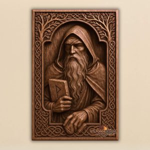 Odin wanderer rune stone STL CNC router 3D relief — Norse god Odin hooded with eye patch rune stone with Tiwaz rune tree with leaves in upper corners arch behind figure and Celtic knotwork frame wood carving model