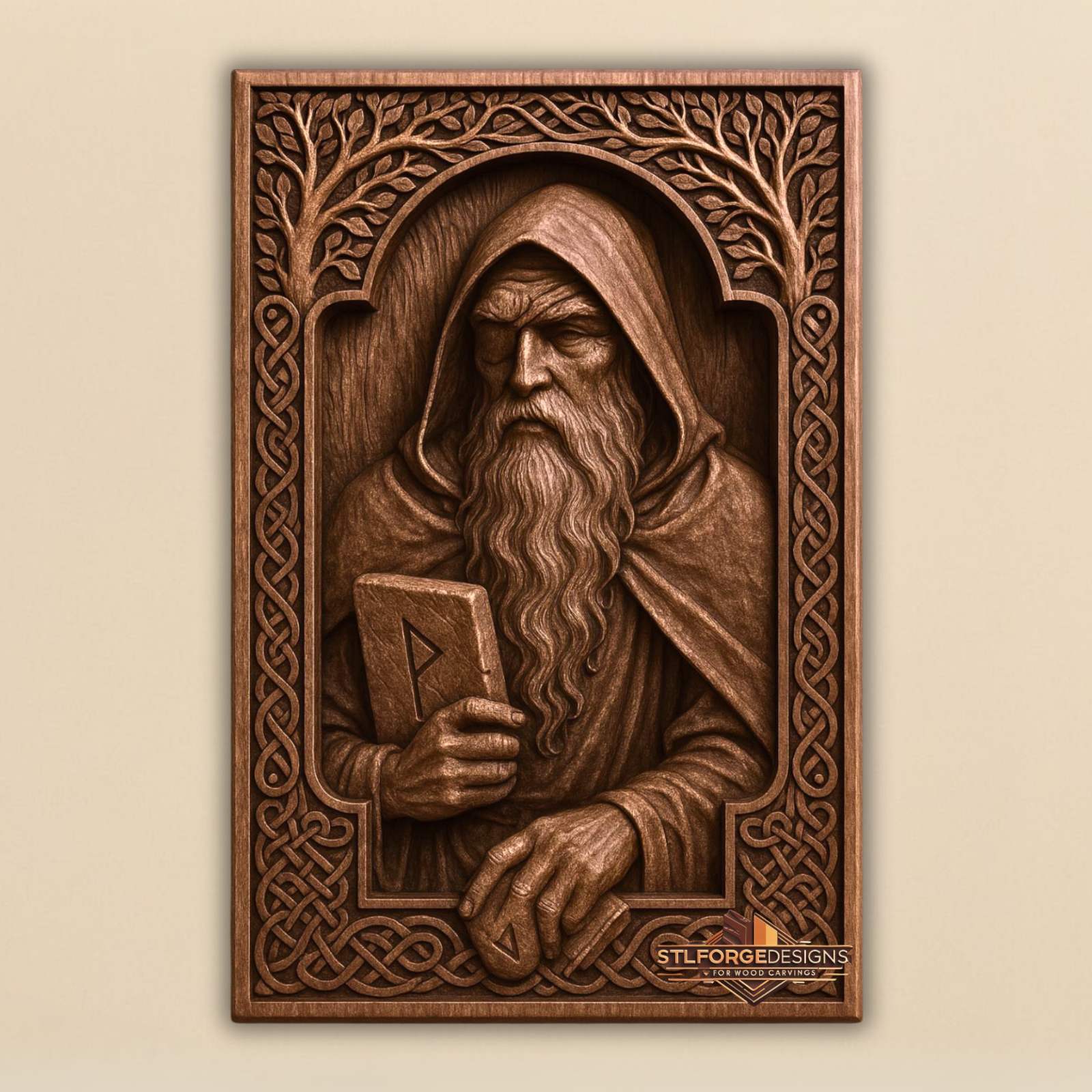 Odin wanderer rune stone STL CNC router 3D relief — Norse god Odin hooded with eye patch rune stone with Tiwaz rune tree with leaves in upper corners arch behind figure and Celtic knotwork frame wood carving model