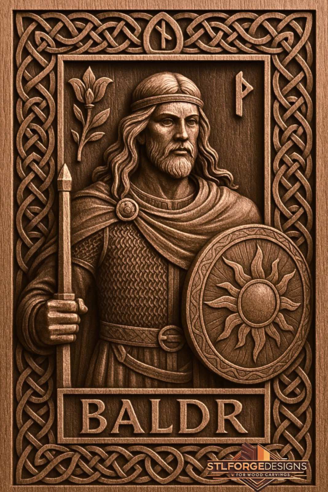Baldur warrior shield STL CNC router 3D relief — Norse god Baldur with scale armor spear with flower circular sun shield runes and BALDR inscription in Celtic knotwork frame wood carving model