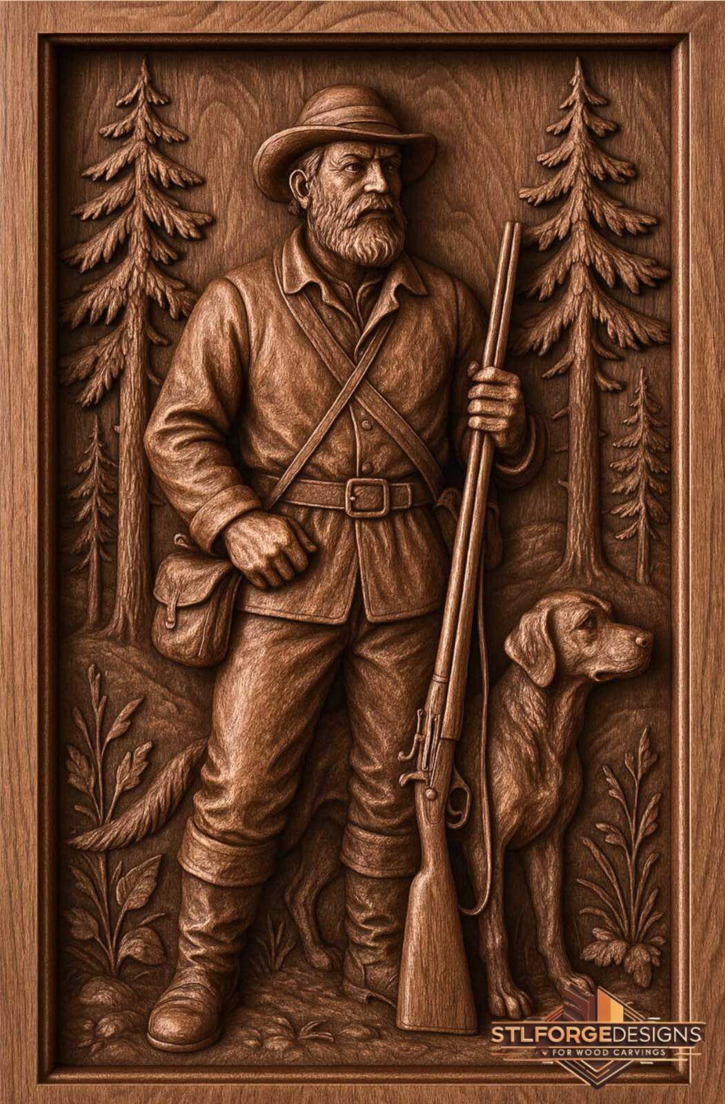 Hunter vertical rifle dog STL CNC 3D relief — representative hunter with vertical rifle and hunting dog seated beside him in pine forest with frame, wood carving model