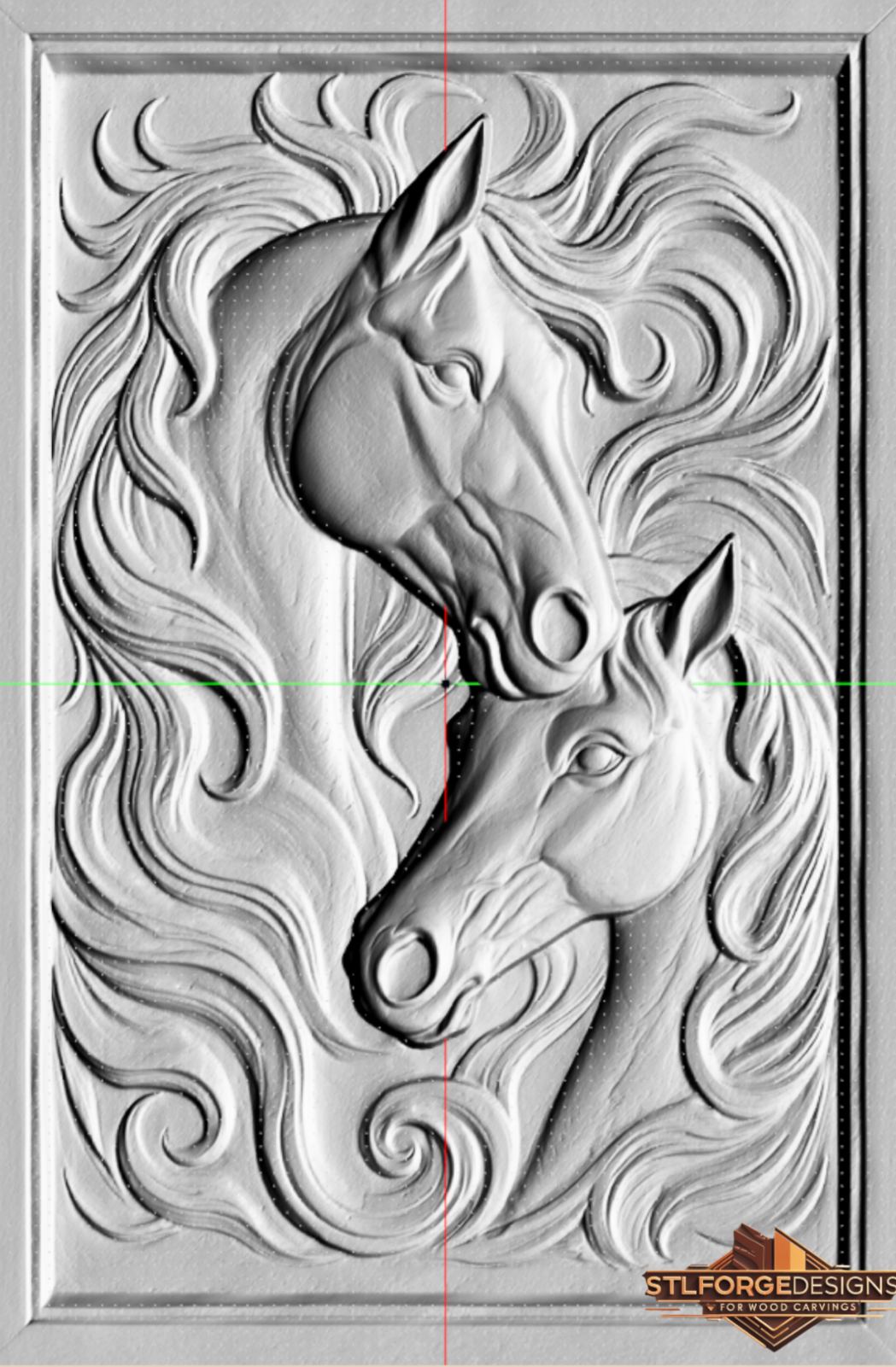 Two horses portrait STL CNC 3D relief — two horse portraits in profile with intertwining flowing manes in dynamic swirling composition with frame, wood carving model