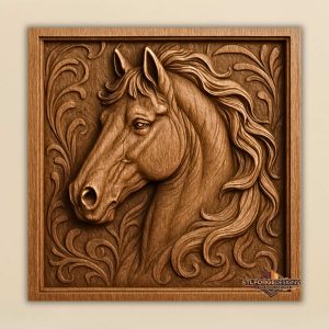 Horse head portrait STL CNC wall panel — finished wood carving of horse head in profile floral background and frame classic style, beech wood