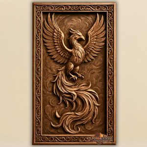 Phoenix STL CNC wood carving 3D relief — phoenix rising with spread wings and fire tail in decorative frame, CNC model