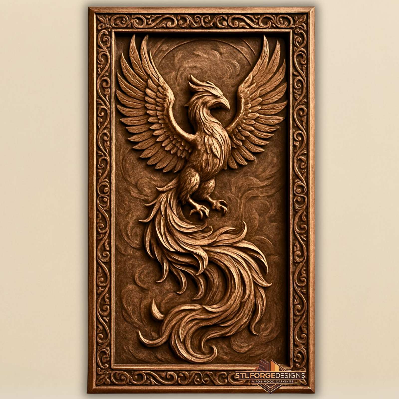 Phoenix STL CNC wood carving 3D relief — phoenix rising with spread wings and fire tail in decorative frame, CNC model