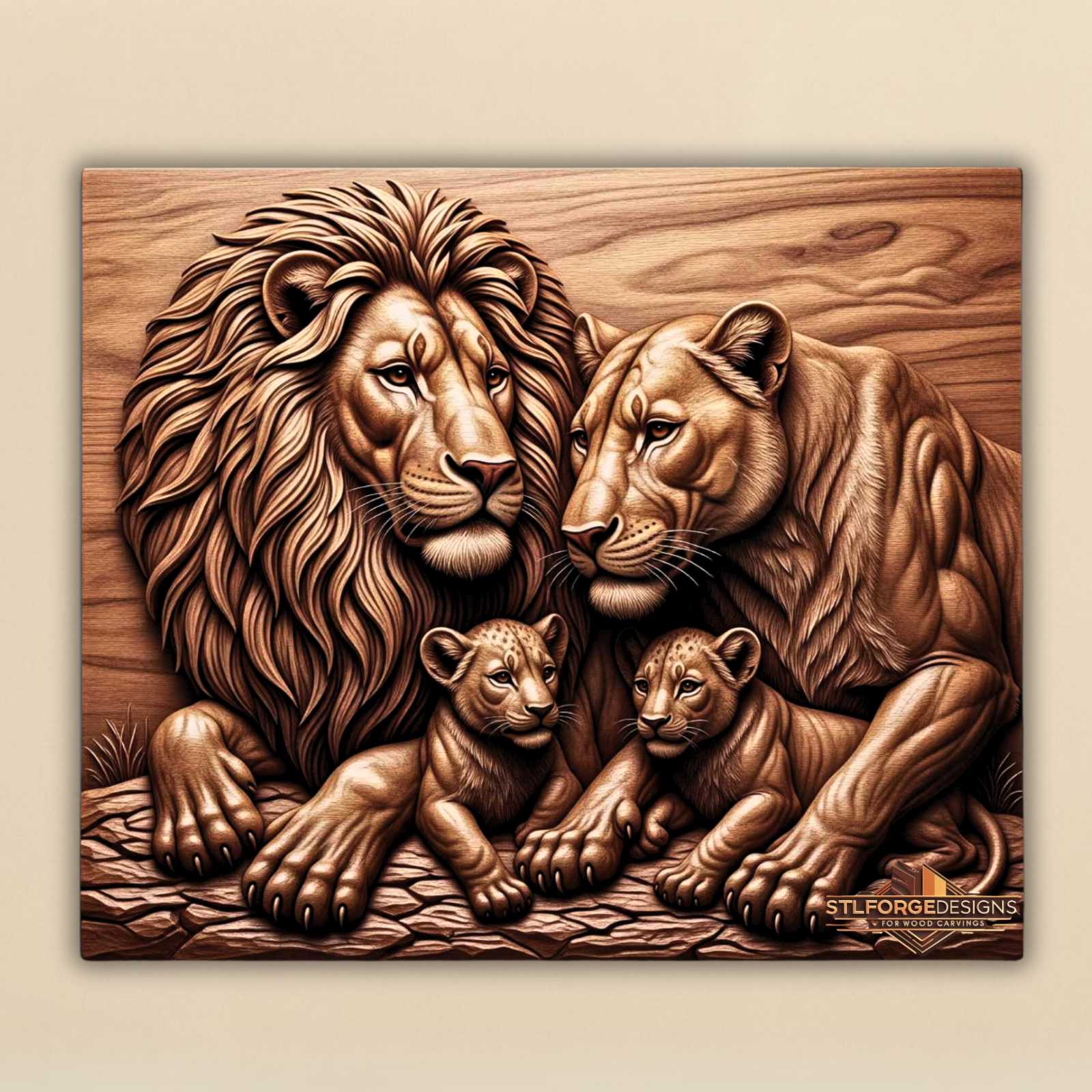 Lion Lioness Cubs STL File – 3D Relief CNC Wood Carving | Intimate Family Scene | Wall Panel